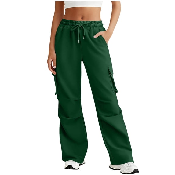 VBVC Women's Drawstring Cargo Sweatpants,Ladies Wide Leg Stretchy Pants with Multiple Pockets,Workout Daily Wear For Women,Army Green,Size XXL