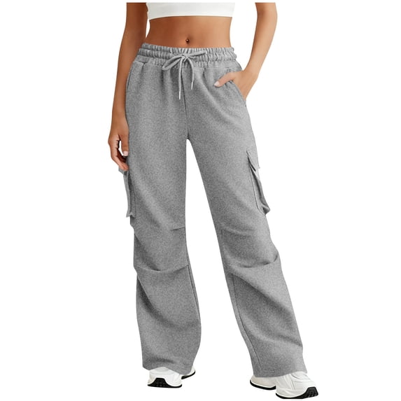 VBVC Women's Drawstring Cargo Sweatpants,Ladies Wide Leg Stretchy Pants with Multiple Pockets,Workout Daily Wear For Women,Gray,Size M