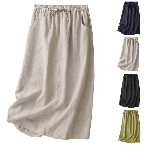 VBVC Women's Drawstring Cotton-Linen Maxi Skirt,Breathable Boho Office Skirt For Women,Ladies High Waisted A-Line Skirt with Pockets,Navy,M-2XL