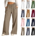 thumbnail image 1 of VBVC Women's Drawstring Cotton-Linen Pants,High-Waisted Wide Leg Trousers For Women,Ladies Summer Everyday Sweatpants with Pockets,Navy,S-2XL, 1 of 10