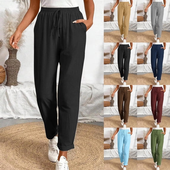VBVC Women's Drawstring Cotton-Linen Pants,Straight Leg Sweatpants,Ladies Lightweight Dressy Trousers with Pockets,Gray,S-2XL