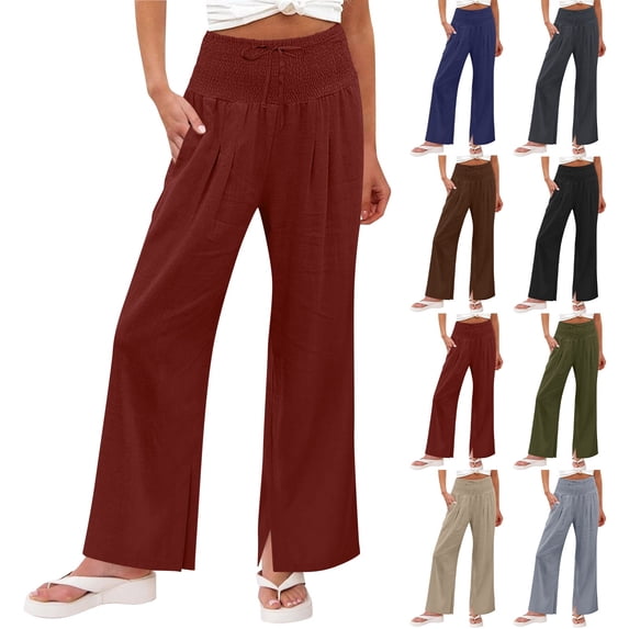 VBVC Women's Drawstring Cotton-Linen Pants,Summer Wide Leg Trousers For Women,Ladies Lightweight Sweatpants with Pockets,Navy,S-3XL