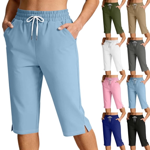 VBVC Women's Drawstring Elastic Waist Shorts , Lightweight Athletic Cropped Trousers For Women, Ladies' Side Split Hem Shorts with Pockets,Navy,S-2XL
