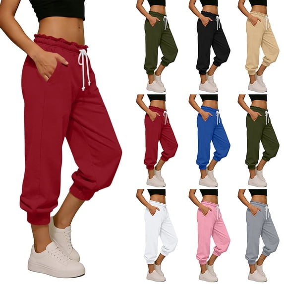 VBVC Women's Drawstring Jogger Cropped Pants,Smocked Waist Trousers For Women,Ladies Summer Stretchy Sweatpants with Pockets,Black,S-2XL