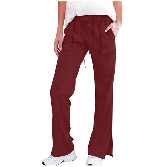 VBVC Women's Drawstring Side Slit Sweatpants,Summer Breathable Pants For Women,Ladies Workout Trousers with Pockets,Wine,Size L