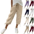 thumbnail image 1 of VBVC Women's Drawstring Side Ties Cropped Pants,Cotton-Linen Jogger Capri Pants,Ladies Lightweight Breathable Sweatpants with Pockets,Army Green,S-3XL, 1 of 10
