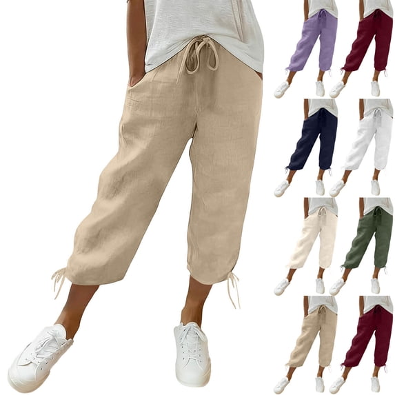 VBVC Women's Drawstring Side Ties Cropped Pants,Cotton-Linen Jogger Capri Pants,Ladies Lightweight Breathable Sweatpants with Pockets,Beige,S-3XL