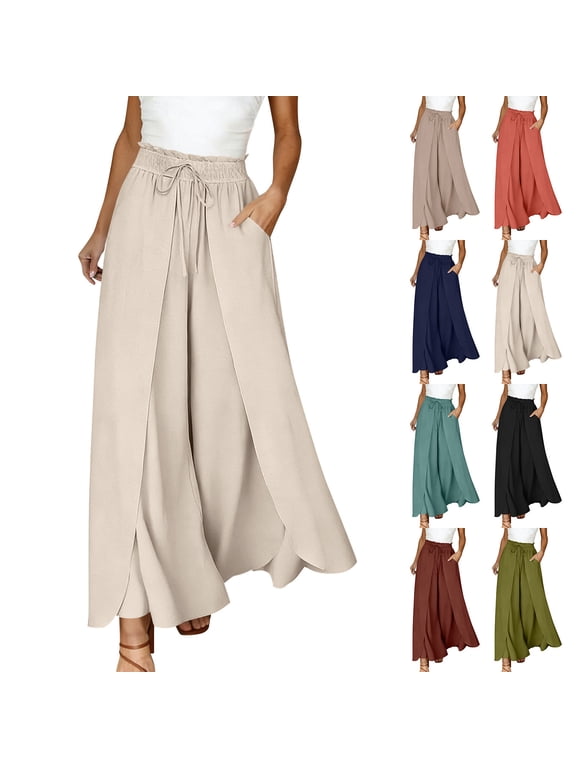 Women's Drawstring Split Skirt Pants,Summer Wide Leg Party Trousers For Women,Ladies High Waist Streetwear with Pockets,Khaki,S-2XL