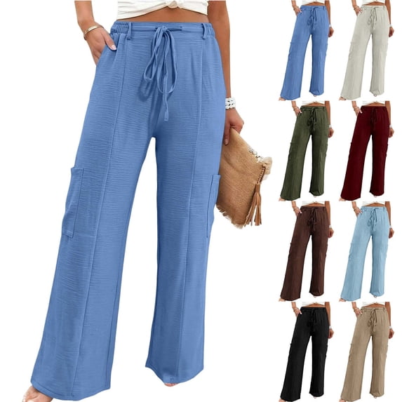 VBVC Women's Drawstring Stretchy Cargo Pants,Lightweight Wide Leg Trousers For Women,Ladies Breathable Sweatpants with Pockets,Khaki,S-2XL