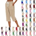 thumbnail image 1 of VBVC Women's Drawstring Striped Capri Pants, Loose Knee Length Cropped Trousers For Women, Ladies' Summer Lightweight Lounge Pants with Pockets,Yellow,S-2XL, 1 of 6