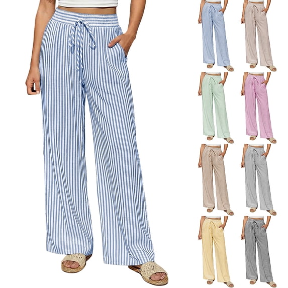 VBVC Women's Drawstring Striped Wide Leg Pants, High Waist Palazzo Trousers For Women, Ladies' Summer Flowy Beach Pants with Pockets,Black,S-3XL