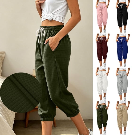 VBVC Women's Drawstring Waffle Capri Joggers, Summer Stretchy Cropped Pants For Women , Ladies' Running Gym Trousers with Pockets,Army Green,S-2XL
