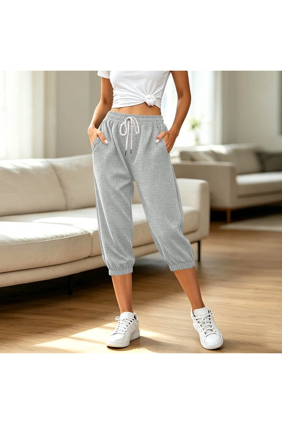 Women's Drawstring Waffle Capri Joggers, Summer Stretchy Cropped Pants For Women , Ladies' Running Gym Trousers with Pockets,Gray,S-2XL