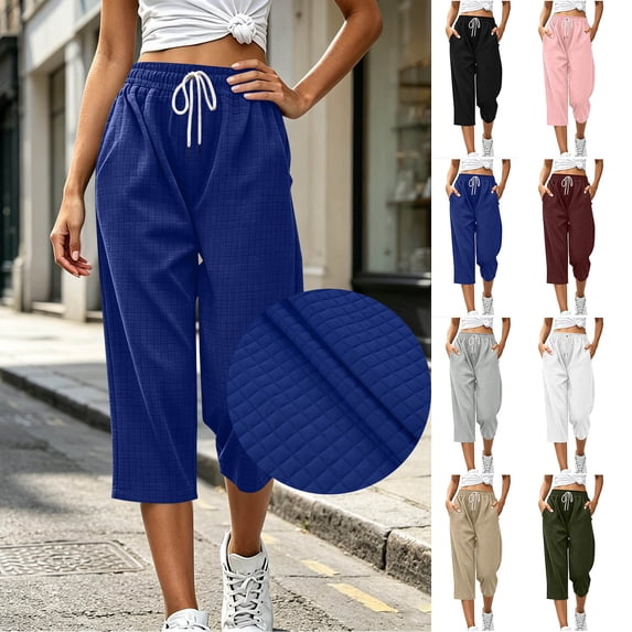 VBVC Women's Drawstring Waffle Cropped Pants , Summer Straight Leg Trousers For Women , Ladies' Casual Loose Capris with Pockets, Blue , S-2XL