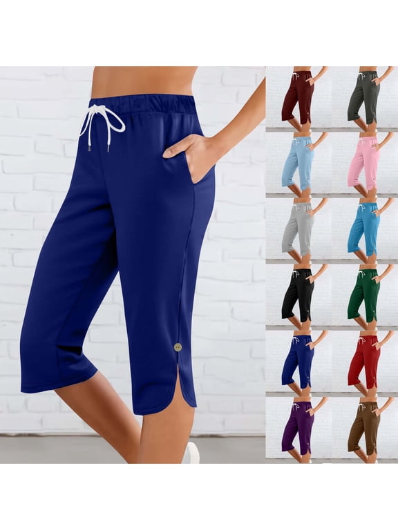 Women's Drawstring Waist Capri Pants,Button Split Hem Casual Trousers For Women,Ladies Lightweight Lounge Workout Pants with Pockets,Green,S-2XL