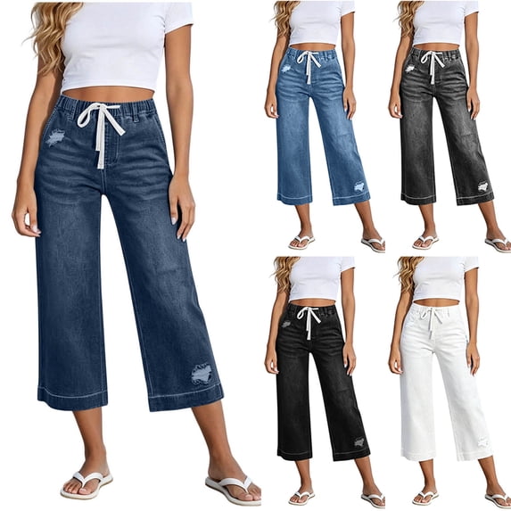 VBVC Women's Drawstring Wide Leg Capris Jeans, Casual Summer Stretchy Denim Pants For Women, Distressed Ripped Trousers with Pockets,Navy,S-2XL
