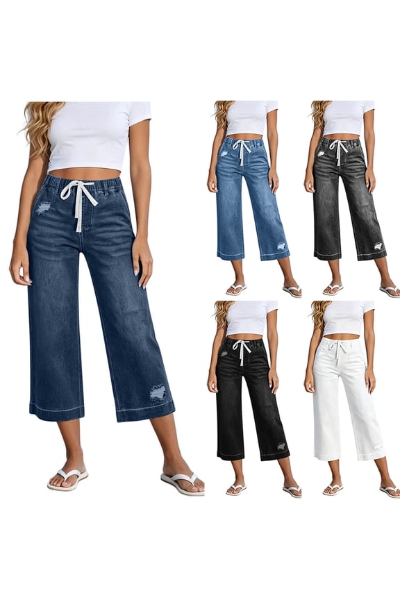 Women's Drawstring Wide Leg Capris Jeans, Casual Summer Stretchy Denim Pants For Women, Distressed Ripped Trousers with Pockets,White,S-2XL