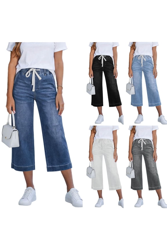 Women's Drawstring Wide Leg Cropped Jeans,High Waisted Washed Denim Pants For Women,Ladies Comfy Summer Culottes with Pockets,Blue,S-2XL