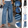 thumbnail image 1 of VBVC Women's Drawstring Wide Leg Jeans , Distressed Hem Denim Pants For Women , Ladies' Washed Pull-On Trouser with Pockets, Light Blue , S-2XL, 1 of 9