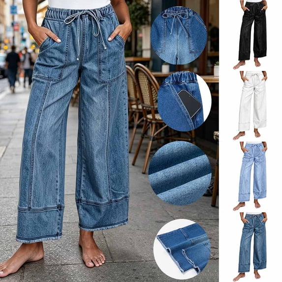 VBVC Women's Drawstring Wide Leg Jeans , Distressed Hem Denim Pants For Women , Ladies' Washed Pull-On Trouser with Pockets, Light Blue , S-2XL