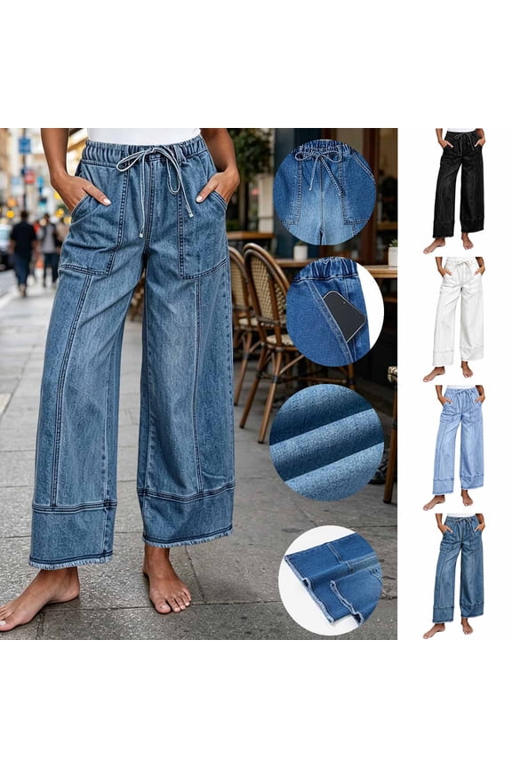 Women's Drawstring Wide Leg Jeans , Distressed Hem Denim Pants For Women , Ladies' Washed Pull-On Trouser with Pockets, Light Blue , S-2XL