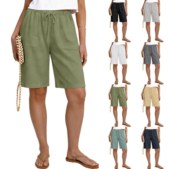 VBVC Women's Drawstring Wide Leg Shorts,Breathable Knee-Length Pants For Women,Ladies Work Beach Trousers with Pockets,Army Green,S-2XL