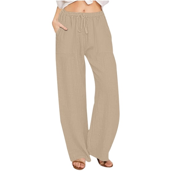VBVC Women's Drawstring Wide Leg Sweatpants,Summer Breathable Pants For Women,Ladies Lightweight Trousers with Pockets,Khaki,Size XL