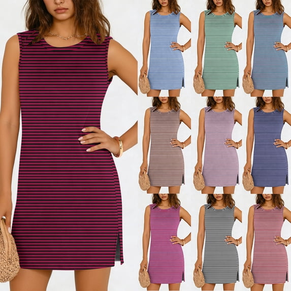 VBVC Women's Dressy Sleeveless Mini Dress,Ladies Solid Side Slit T-Shirt Dress,Business Slim Dress For Women,Multicolor,S-2XL