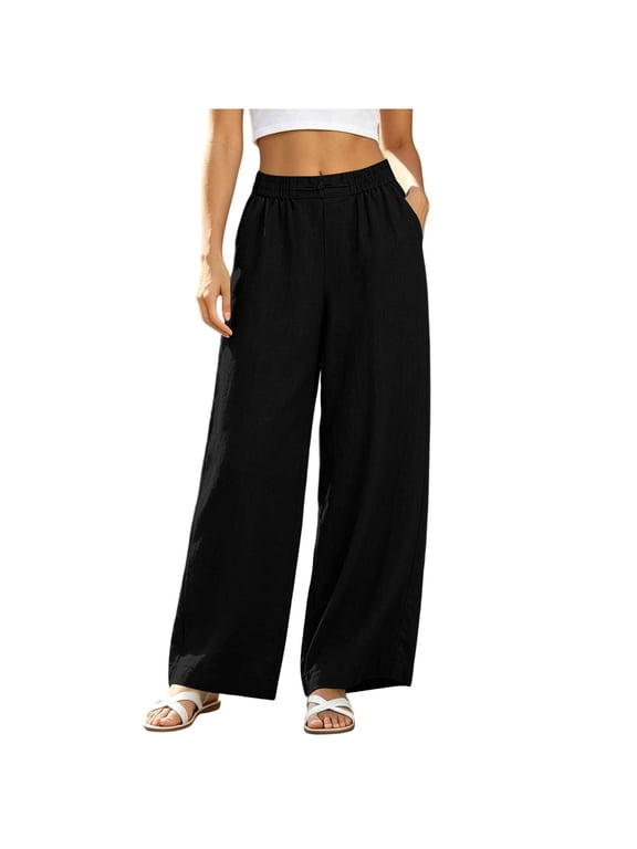 Women's Elastic Waist Cotton Linen Pants , Summer Wide Leg Palazzo Pants For Women , Ladies' Lightweight Beach Trousers with Pockets, Black , S-3XL