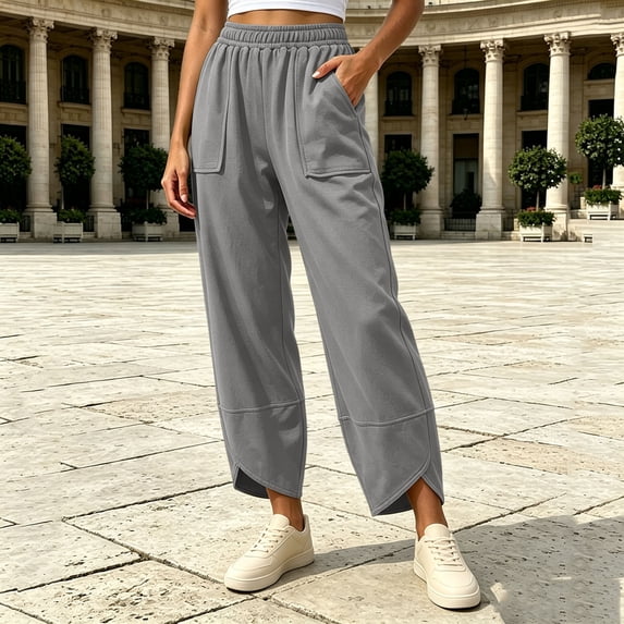 VBVC Women's Elastic Waist Curved Hem Pants , Casual Stretchy Joggers For Women , Ladies' Wide Leg Trousers with Pockets, S-2XL