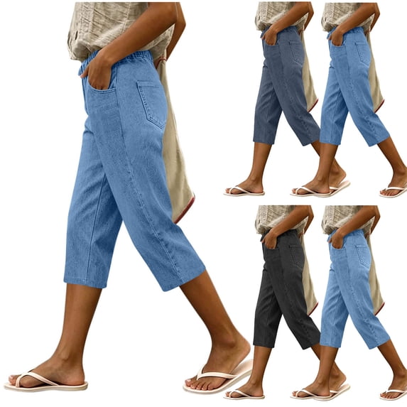 VBVC Women's Elastic Waist Denim Capri Pants , Casual Straight Leg Crop Jean For Women , Ladies' Summer Denim Capris with Pockets, Blue , S-2XL