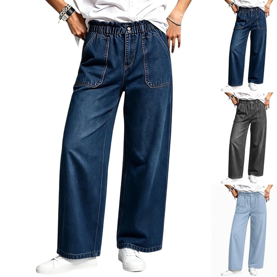VBVC Women's Elastic Waist Jeans with Pockets , Decorative Buttons Denim Pants For Women, S-2XL