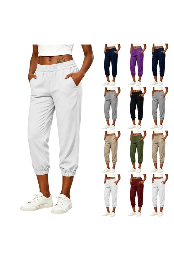 Women's Elastic Waist Jogger Capri Pants , Casual Loose Fit Cropped Sweatpants For Women,Ladies' Lightweight Trousers with Pockets,Black,S-2XL