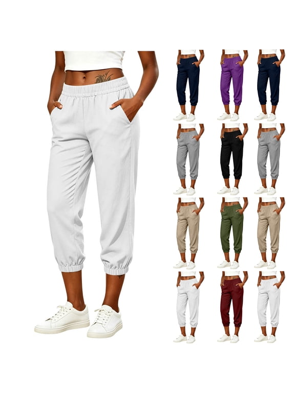 Women's Elastic Waist Jogger Capri Pants , Casual Loose Fit Cropped Sweatpants For Women,Ladies' Lightweight Trousers with Pockets,Army Green,S-2XL