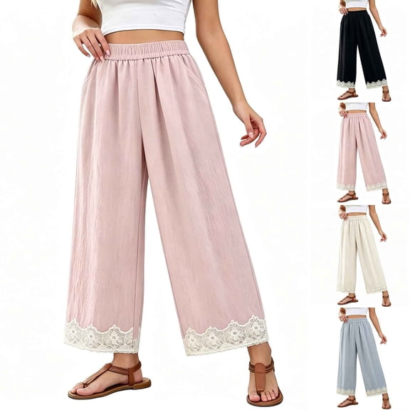 VBVC Women's Elastic Waist Wide Leg Cropped Pants , Lace Trim Palazzo Pants For Women , Ladies' Casual Flowy Trousers with Pockets,Beige,S-5XL