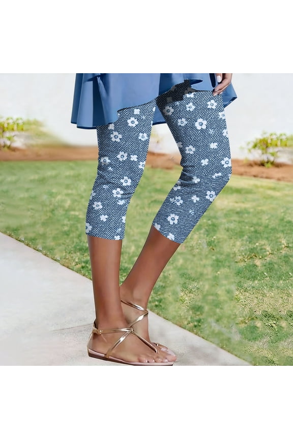 Women's Floral Denim-Look Capri Leggings,Stretchy Butt Lift Breathable Capris For Women,Ladies Summer Slim Fit Yoga Pants,Navy,S-3XL