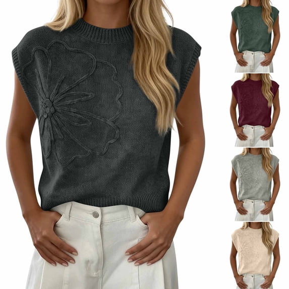 VBVC Women's Floral Knit Sweater Tops,Ladies Cap Sleeve Pullover,Breathable Blouses For Women,Gray,S-XL