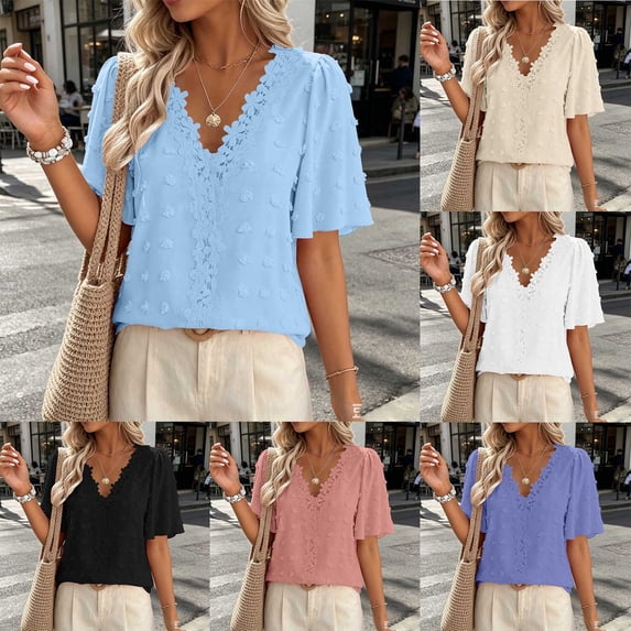 VBVC Women's Floral Lace Dot V Neck Blouse , Ladies' Ruffle Short Sleeve Casual Top , Eyelet Textured Shirts For Women,Purple,S-2XL