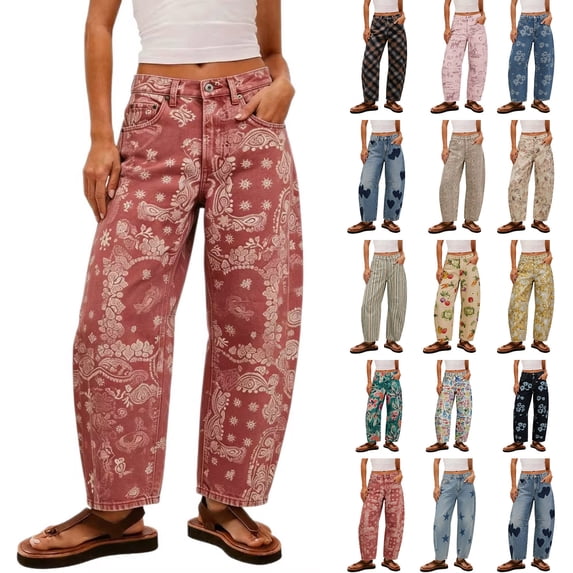 VBVC Women's Floral Paisley Print Barrel Jeans , High Waisted Denim Pants For Women,Ladies' Baggy Washed Trousers with Pockets,Gray,S-2XL