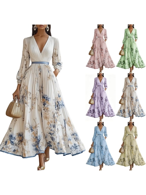 Women's Floral Pleated Deep V-Neck Maxi Dress , Elegant Wedding Guest Evening Gown For Women , Ladies' A-Line Formal Dress with Pockets,White,S-3XL