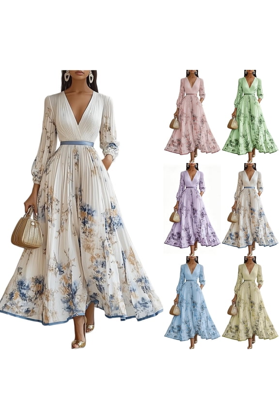 Women's Floral Pleated Deep V-Neck Maxi Dress , Elegant Wedding Guest Evening Gown For Women , Ladies' A-Line Formal Dress with Pockets,White,S-3XL