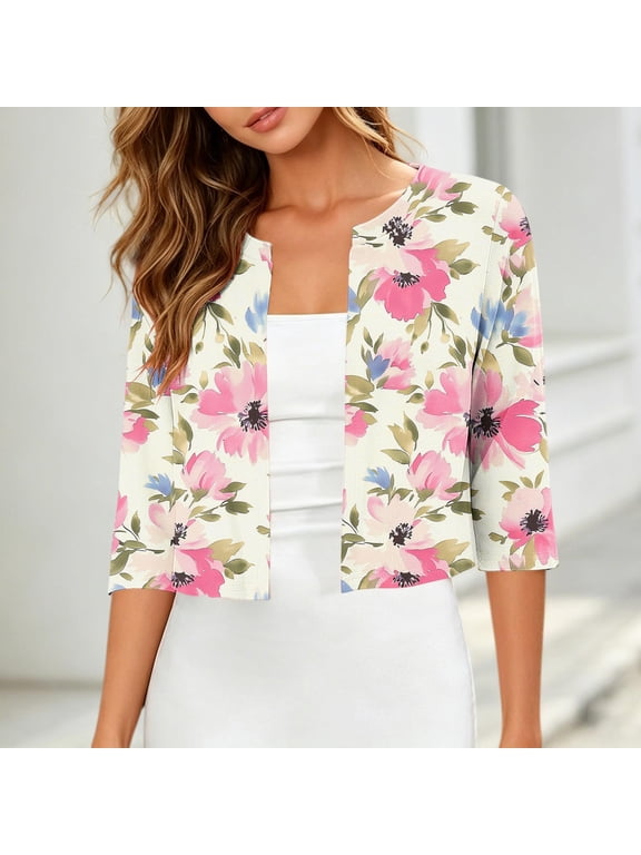 Women's Floral Print Cropped Cardigan , Ladies' 3/4 Sleeve Open Front Bolero Shrug , Lightweight Summer Dress Cover Up Top For Women, Beige , S-2XL