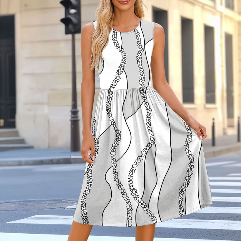fit and flare vacation dress Vbvc Women's Floral Print Sleeveless Fit and Flare Midi Dress , Ladies' Crew Neck Casual Summer Dress , Beach Vacation Flowy Sundress For Women,White,