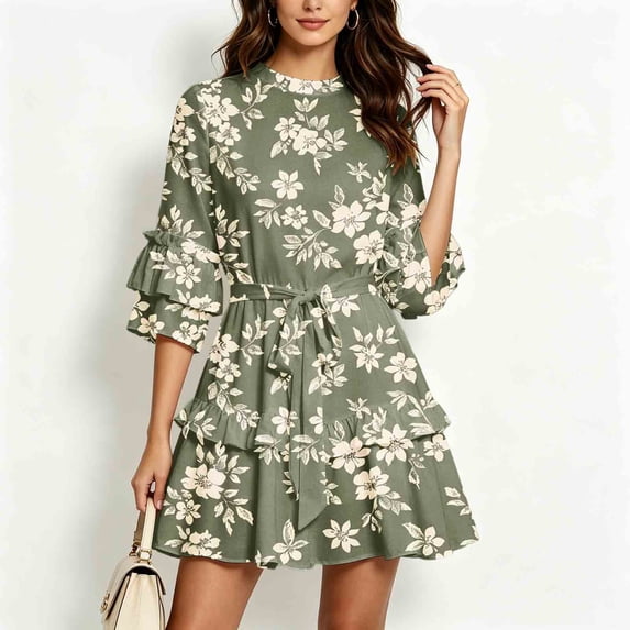 VBVC Women's Floral Ruffle 3/4 Sleeve Mini Dress, Ladies' Tie Waist A-Line Short Dresses, Casual Summer Tiered Dress For Women,Green,S-XL
