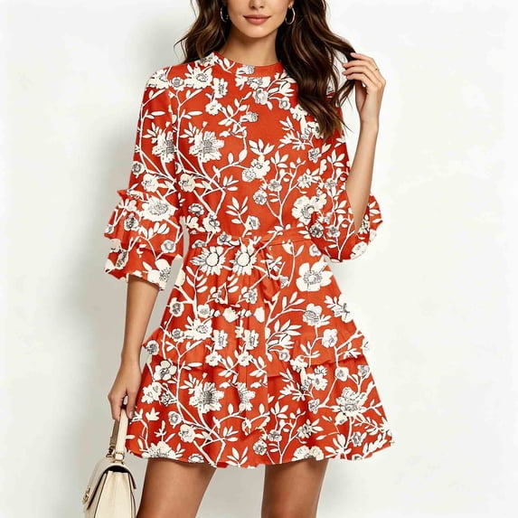 VBVC Women's Floral Ruffle 3/4 Sleeve Mini Dress, Ladies' Tie Waist A-Line Short Dresses, Casual Summer Tiered Dress For Women,Red,S-XL