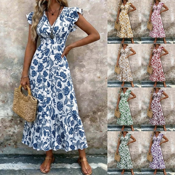 VBVC Women's Floral V-Neck Ruffle Sleeve Maxi Dress,Ladies Smocked Waist Boho A-Line Long Dress,Summer Flowy Tiered Beach Party Midi Dress For Women,Blue,S-3XL