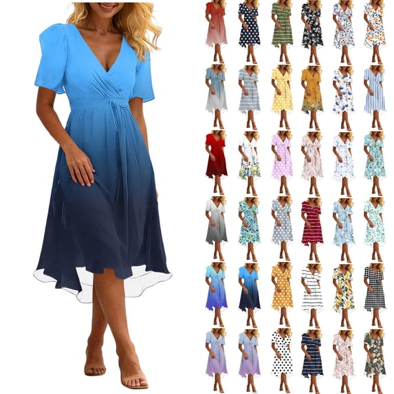 VBVC Women's Floral V-Neck Wrap Midi Dress,Short Sleeve Flowy A-Line Dress For Women,Ladies' Casual Gradient Summer Sundress with A Removable Belt,Gray,S-3XL