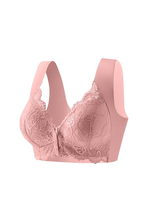 Women's Front-Closure Lace Bra,Ladies Adjustable Full Coverage Underwear,Supportive Everyday Lingerie For Women,Pink,Size XXL