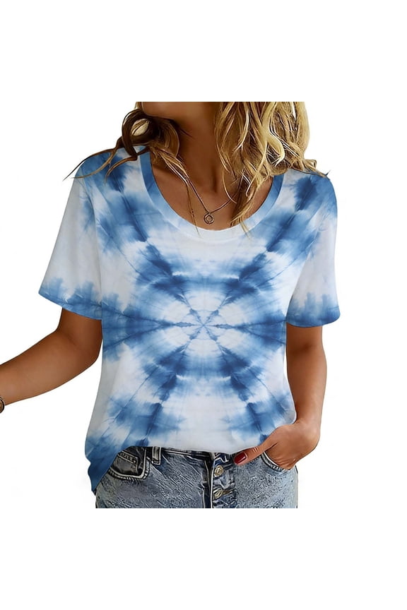 Women's Funny Tie Dye Shirt Short Sleeve Hippies Senior Casual Summer Round Neck Tees Blue X*,Size 3XL