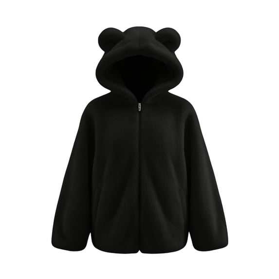 VBVC Women's Fuzzy Fleece Bear Ear Hoodie , Cute Full Zip Sherpa Jacket For Women , Ladies' Cozy Winter Outerwear with Pockets, Black , S-2XL